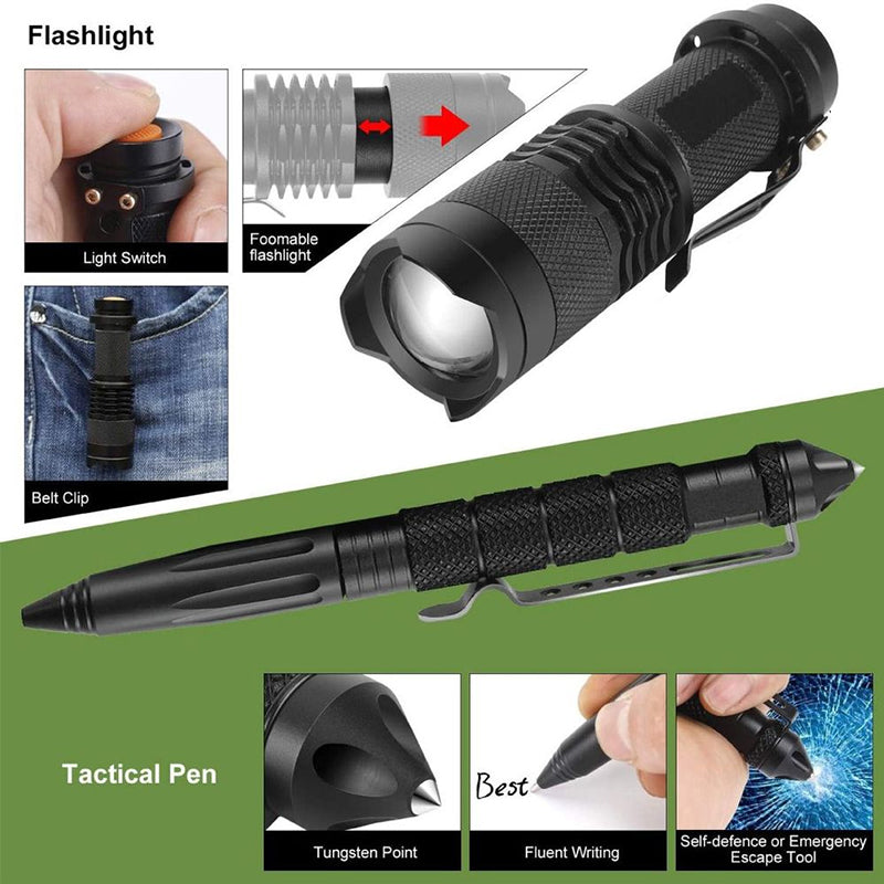 Military-grade outdoor travel survival kit with mini camping tools, emergency bracelet, whistle, blanket and knife.