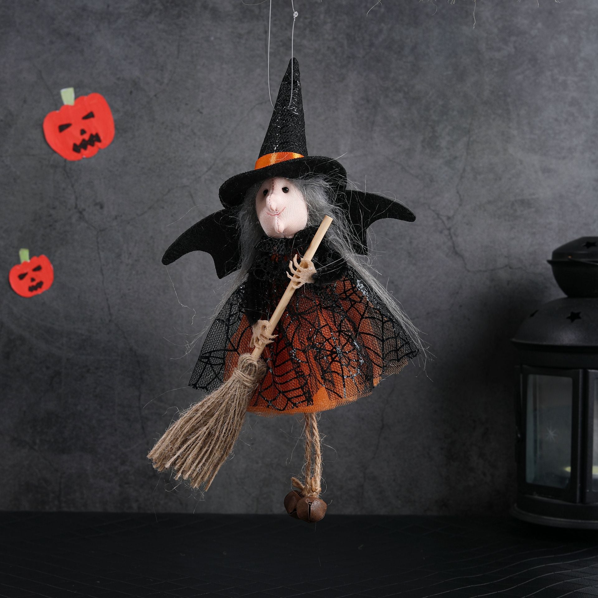 New Halloween Hanging Decoration Witch Holding Broom Tulle Skirt Pendant Toy Bar Horror Hanging Ornament Prank