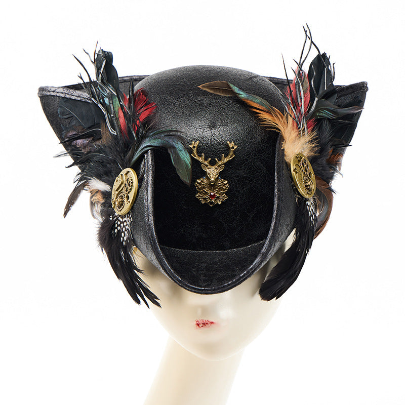 Punk Stage Performance Caribbean Pirate Costume Halloween Faux Leather Pirate Hat with Gear and Feather Triangular Hat