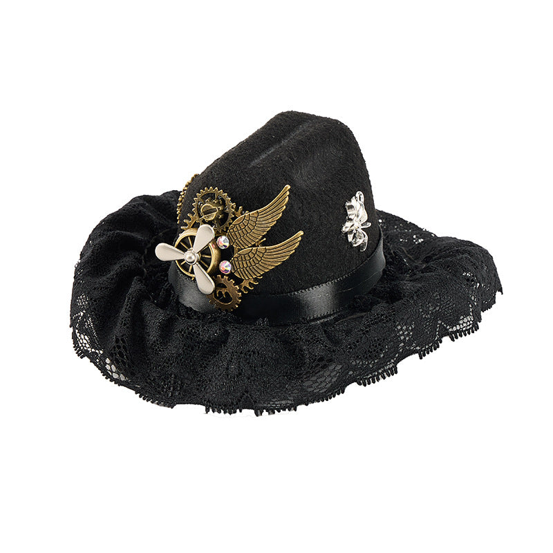 Steampunk Mini Lace Pet Hat Gothic Doll Hair Accessory Halloween Gear Plane Cowboy Hat Hair Clip