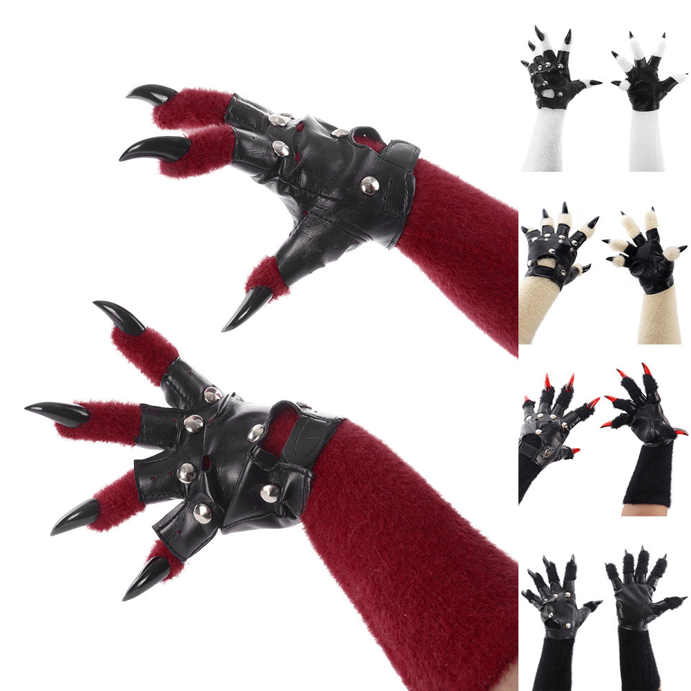 Original Furry Animal Paw Gloves, Punk Leather Gloves, Cosplay Handmade Accessories &ampProps