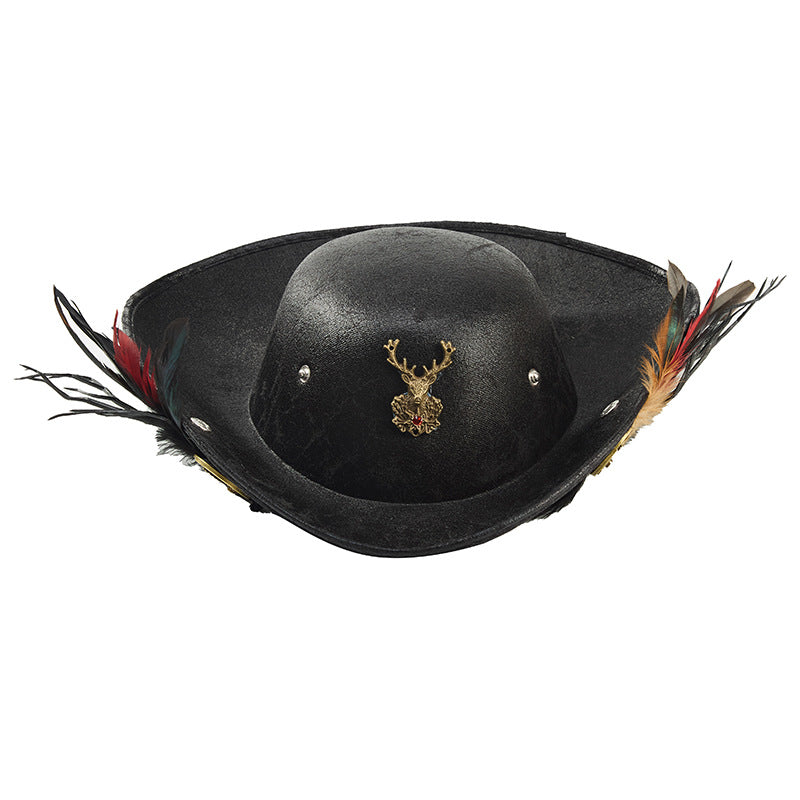 Punk Stage Performance Caribbean Pirate Costume Halloween Faux Leather Pirate Hat with Gear and Feather Triangular Hat