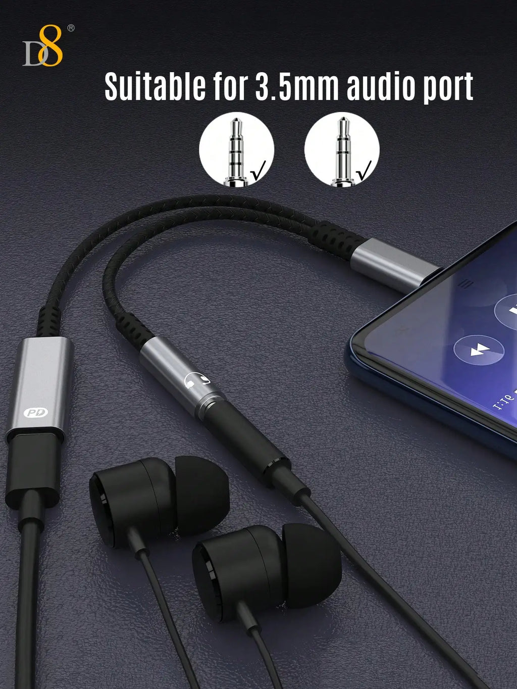 D8 USB-C To 3.5mm Headphone And Charger Adapter, 2-In-1 USB-C To AUX Audio Interface With PD 60W Fast Charging Adapter Cable, Compatible With IPhone 16/16 Pro/16 Pro Max/15/15 Pro/15 Pro Max/15 Plus, Pro, Air 5, Air, Galaxy S