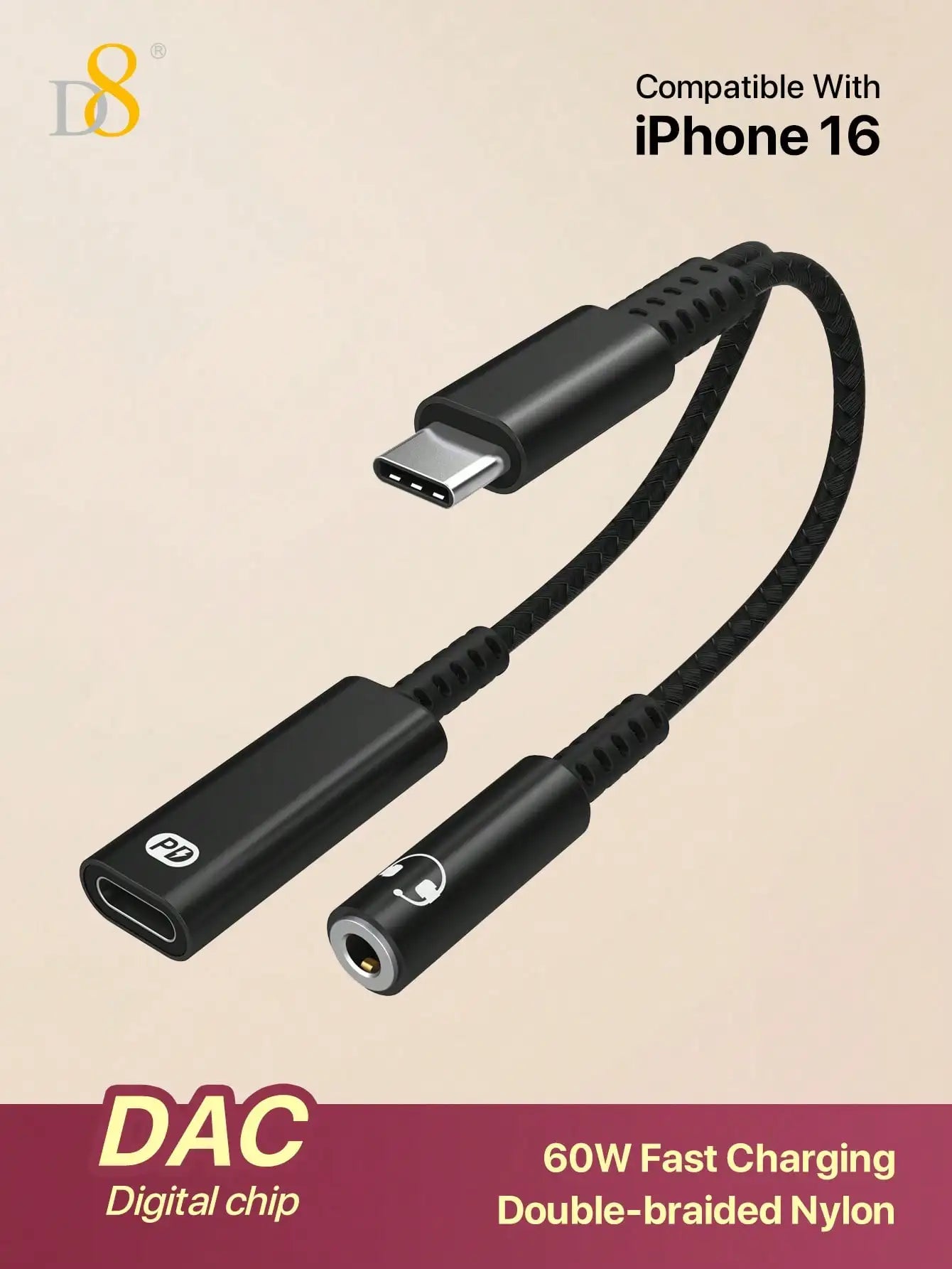 D8 USB-C To 3.5mm Headphone And Charger Adapter, 2-In-1 USB-C To AUX Audio Interface With PD 60W Fast Charging Adapter Cable, Compatible With IPhone 16/16 Pro/16 Pro Max/15/15 Pro/15 Pro Max/15 Plus, Pro, Air 5, Air, Galaxy S