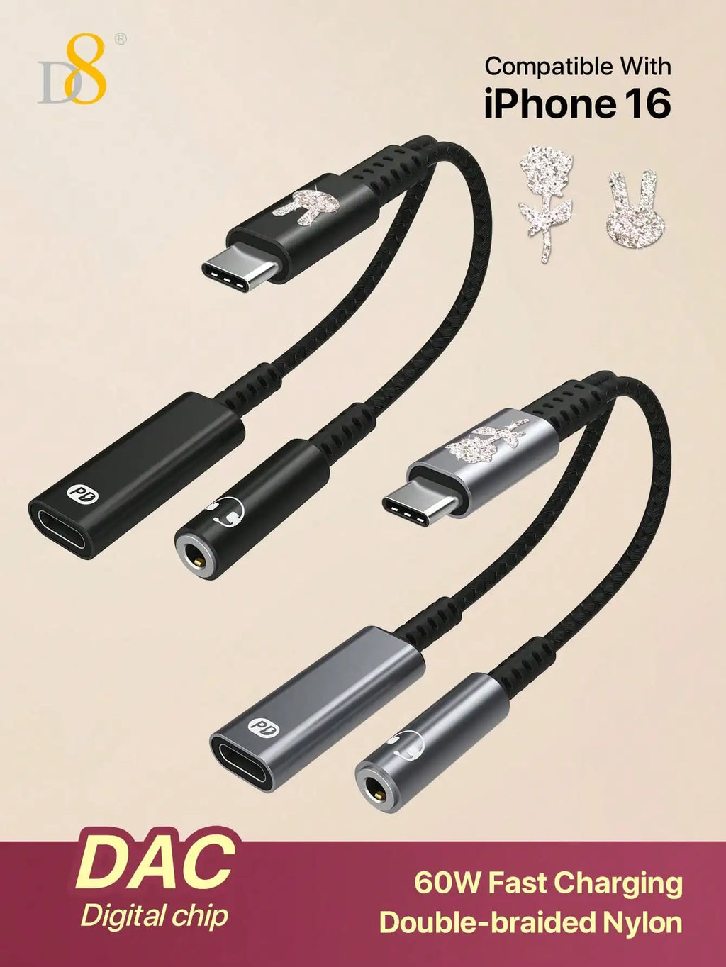 D8 USB-C To 3.5mm Headphone And Charger Adapter, 2-In-1 USB-C To AUX Audio Interface With PD 60W Fast Charging Adapter Cable, Compatible With IPhone 16/16 Pro/16 Pro Max/15/15 Pro/15 Pro Max/15 Plus, Pro, Air 5, Air, Galaxy S