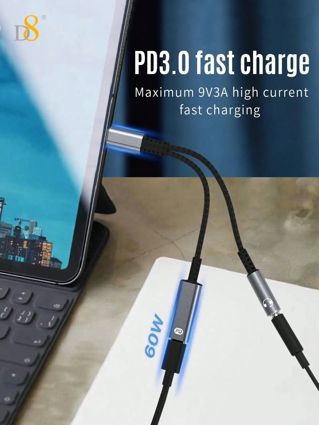 D8 USB-C To 3.5mm Headphone And Charger Adapter, 2-In-1 USB-C To AUX Audio Interface With PD 60W Fast Charging Adapter Cable, Compatible With IPhone 16/16 Pro/16 Pro Max/15/15 Pro/15 Pro Max/15 Plus, Pro, Air 5, Air, Galaxy S