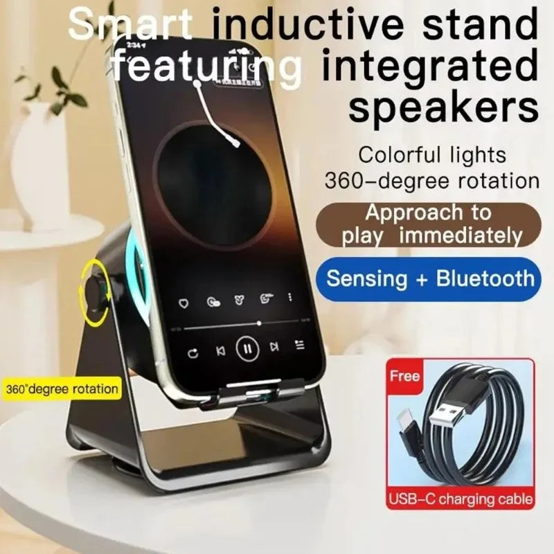 New Wireless Sensor Phone Stand Induction Stereo Speaker 4-in-1 USB Charging Magnetic Phone Stand 360 ° Adjustable Speaker